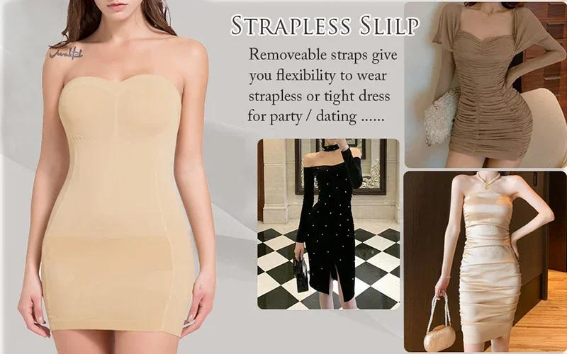 Description Picture 2 of itemSexy Full Slip Shapewear Women Dress Off Shoulder Bodycon Strapless Underdress Smooth Compression Body Shaper Slimming Waist