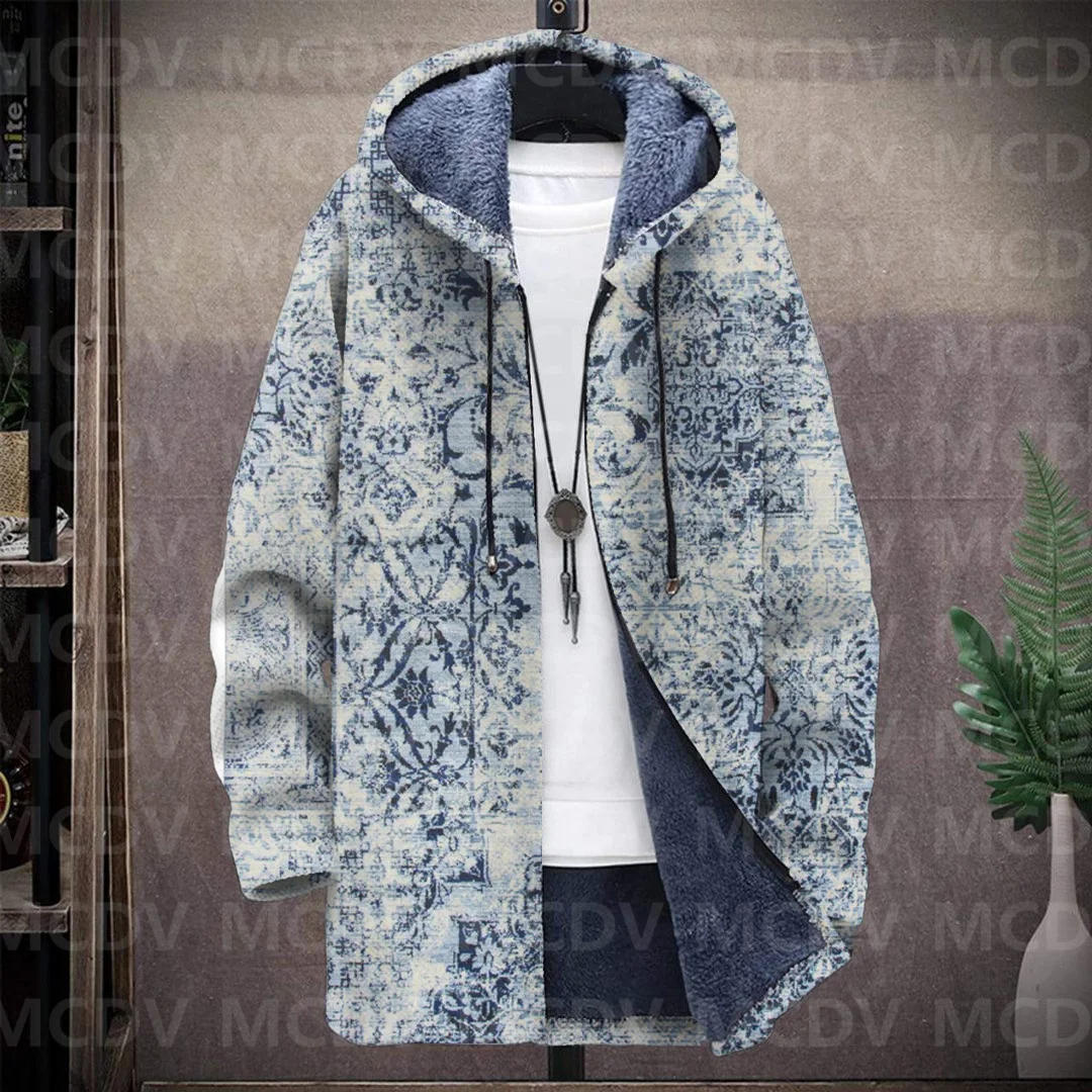 Description Picture 4 of itemMen's Retro Print Plush Thick Long-Sleeved Coat Fleece Hooded Overcoat Unisex Thick Warm Jacket-1