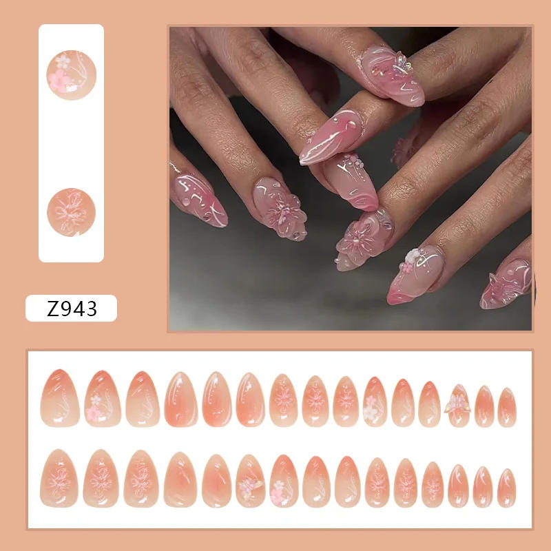 Description Picture 2 of item24Pcs Sweet Short Almond French False Nails with Glue 3D Wave Nail Pattern Floral Pink Blush Press on Acrylic Nail Manicure Tips
