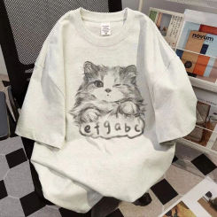 Cotton Cat Print 2024 Summer Women's Short Sleeve Loose Casual Y2K Fashion High Street T-shirt Harajuku Kawaii Plus Size Top