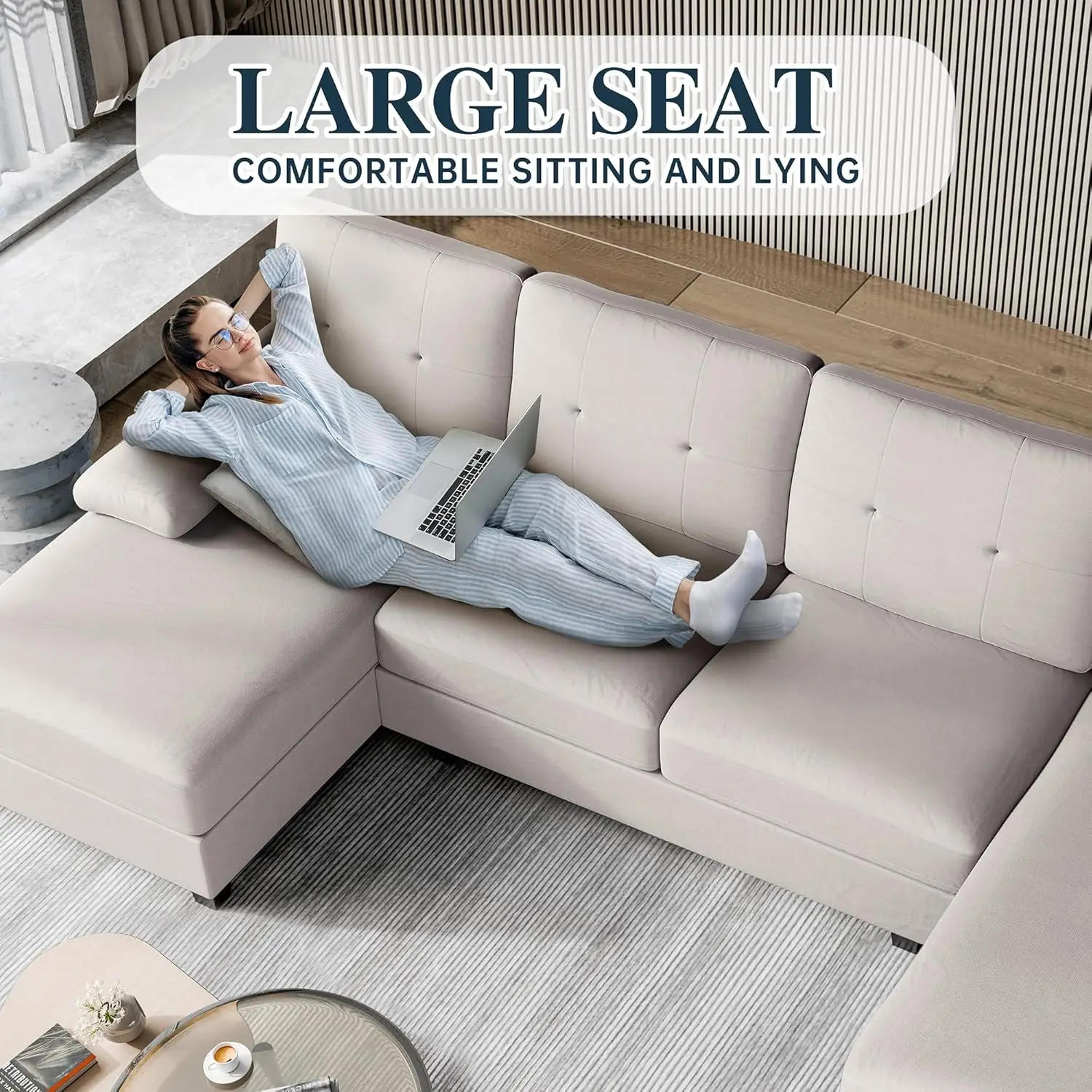 Description Picture 6 of itemLiving Room Sectional Sofa, 4-seater Set U-shaped Sofa with Double Chaise Longue, Large 106-inch Modern Fabric Sofa