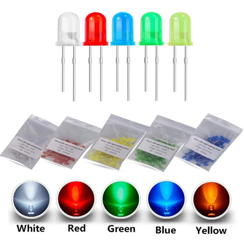 Description Picture 2 of item5mm Diffused Led Diode Kit Yellow Orange White Red Green Blue 2V 3V Bulb Light Emitting Assortment Set For DIY
