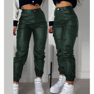 Women's Long Cargo Pant 2023 Personalized Street Trends Pocket Design Cuffed Pu Leather Pants Autumn Winter High Waist Pants