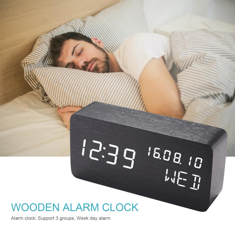 Description Picture 2 of itemDesk Wooden Alarm Clock with Voice Control Date Temperature Adjustable 3 Brightness Display LED Digital Alarm Clocks for Bedroom