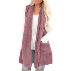 Women's Autumn And Winter Loose Fit Solid Color Waistcoats Sleeveless Plush Cardigan Vest Long Jacket With Pockets Fleece Gilet