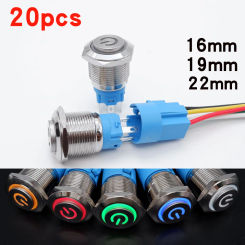 20pcs 16mm 19mm 22mm Metal Push Button Switch 1NO1NC Waterproof Momentary Latching LED Light High Head PC Power 5V 12V 24V Blue