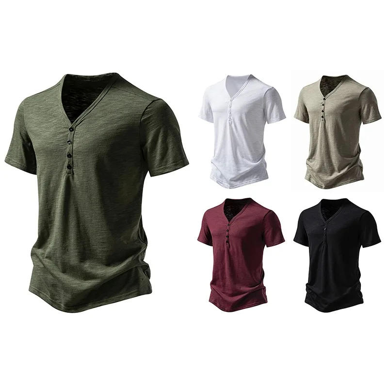 Description Picture 4 of itemSummer High Quality New Four Button Men's V-neck Bamboo Short Sleeve T-shirt Mens Clothing