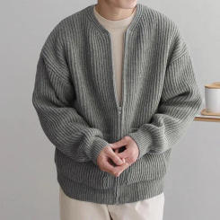 Men Sweater Cardigan Solid Color Long Sleeve Cardigan Coat Collarless Zipper Placket Pocket Knitted Sweater Coat Male Outwear