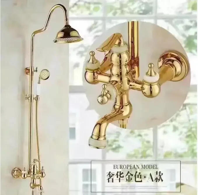 Description Picture 3 of itemBathtub and Shower Faucet Golden Brass and Jade Bath Set Brass Wall Mounted 8" Rainfall &nd shower  Set