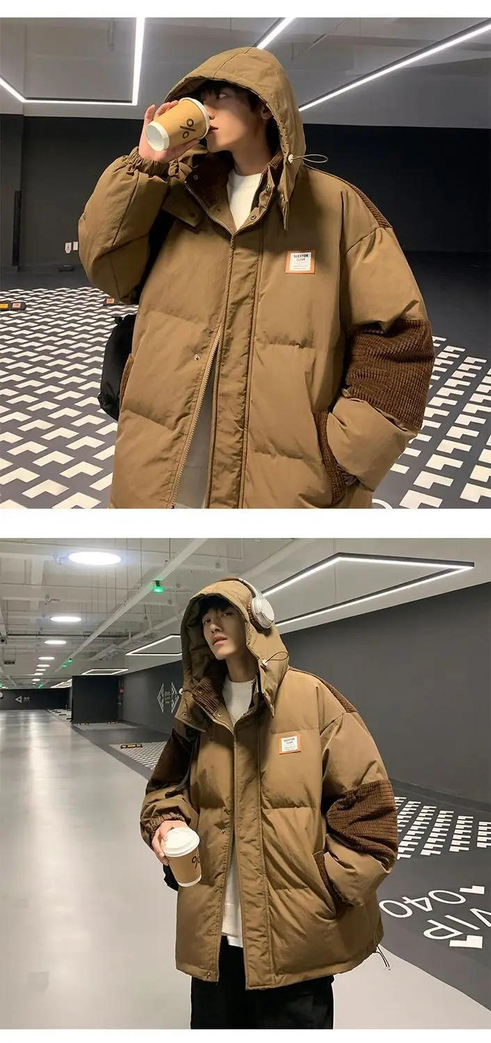Description Picture 5 of itemWinter Retro Corduroy Stitching Workwear Cotton-padded Overcoat Couple Loose Casual High Street Hooded Parkas Male Clothes