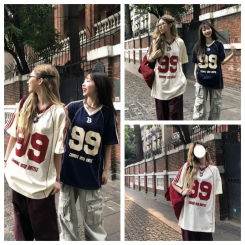 Vintage Loose Sports V-neck T Shirts Striped Letter Printed Oversized T-shirt Women Streetwear Hip Hop Loose Casual Y2k Top