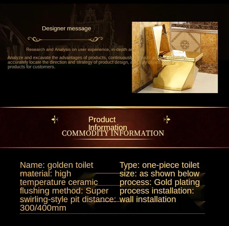 Description Picture 3 of itemArtistic Golden Diamonds Style One Piece Closestool Siphon Jet Fluishing S-Trap Floor Mounted Luxious Villa Bathroom Seat Toilet