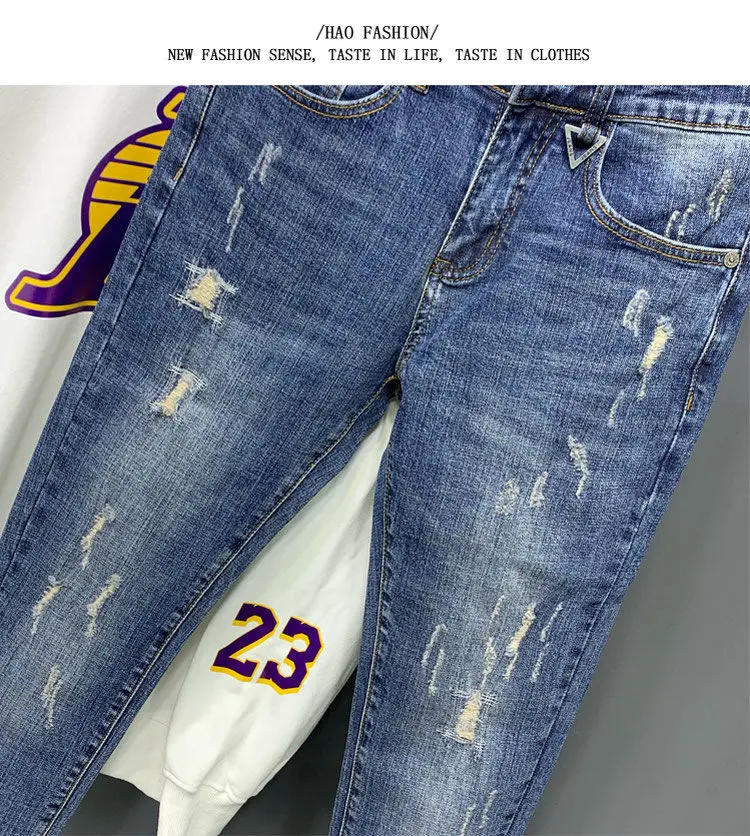 Description Picture 6 of itemNew Korean Trendy Men's Distressed Denim Casual Pencil Pants Spring and Autumn Blue Jeans Washed Luxury Cowboy Streetwear Pants
