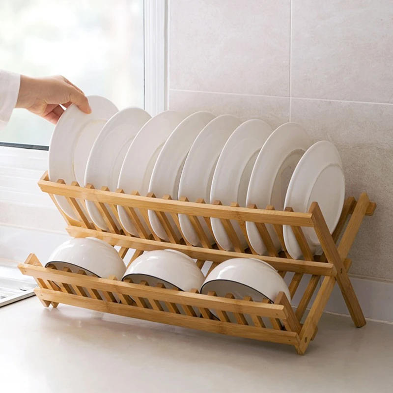 Description Picture 6 of item8/16 Grids Folding Bamboo Dish Rack Drying Rack Holder Utensil Drainer Plate Storage Holder Plate Wooden Flatware Dish Rack