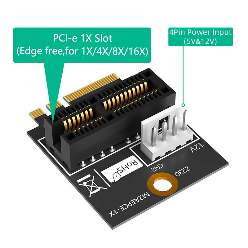 Description Picture 4 of item2230 M.2 Key A+E to PCIE X1 Adapter Card PCI Express PCI-E 1X Slot to M2 NGFF Key A/A+E/E Converter Riser Card 4Pin Power Supply