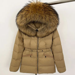2024 New Winter Large Real Fox Fur Coat Women Lace Up Waist Warm Loose Hooded Parka Puffer Jacket Women White Duck Down Coat