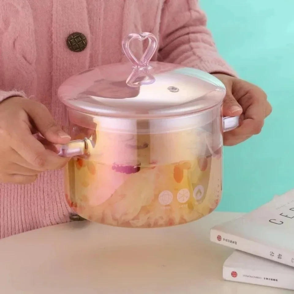 Description Picture 4 of itemPink Glass Pot Versatile Transparent Soup Stock Pots Binaural Handle Pots Noodle Soup Bowl Heat-resistant Kitchen Cooking Pot