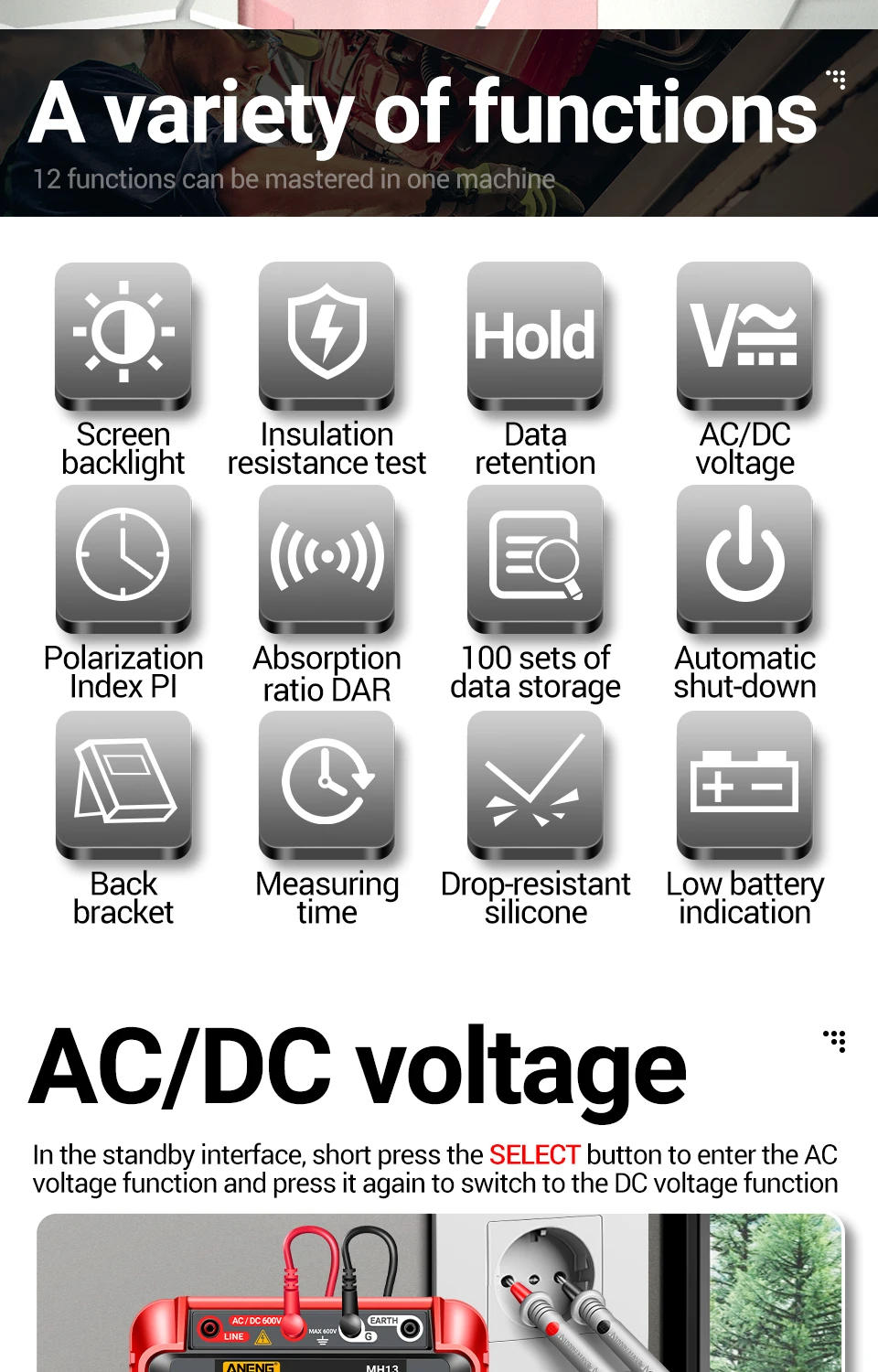 Description Picture 3 of itemANENG MH13 Digital Multimeter High Voltage Megometro Insulation Earth Resistance Meters Tester Megohmmeters Meter Tester Tools