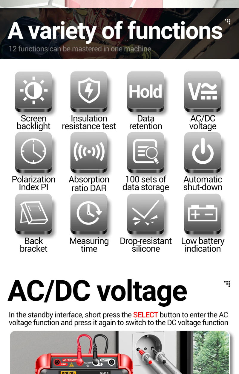 Description Picture 3 of itemANENG MH13 Digital Multimeter High Voltage Megometro Insulation Earth Resistance Meters Tester Megohmmeters Meter Tester Tools