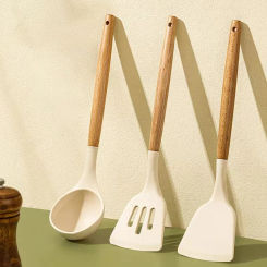 3PCS Set of Kitchen Utensils Wooden Handle Silicone Cooking Utensils Non Stick Shovel Cooking Utensils Rice Scoop Baking Tools