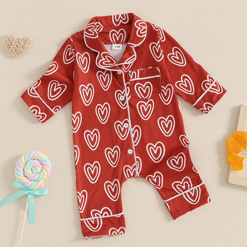 Description Picture 4 of itemInfant Baby Girl Pajama Romper Sweet Heart Print Long Sleeve Lapel Neck Button-Down Sleepwear Jumpsuit Newborn Loungewear Outfit