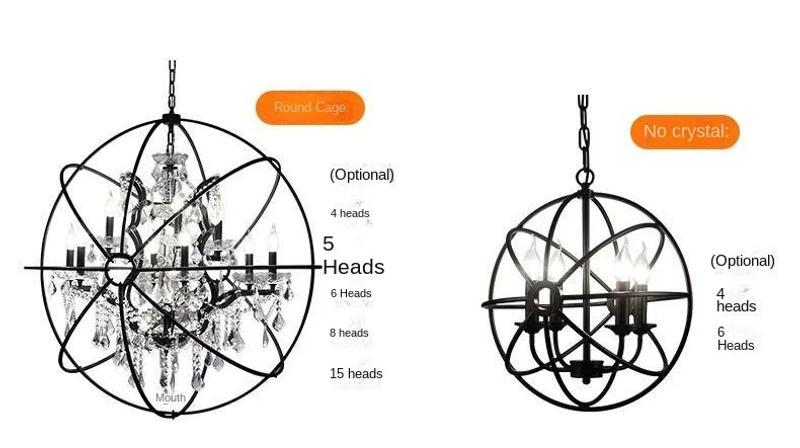 Description Picture 2 of itemVintage American countryside candle Chandelier iron circular LED light living room dining room birdcage crystal Chandelier