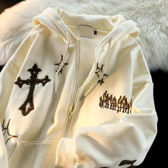 American Style Retro Open Cardigan Sweatshirt Fun Embroidery Oversize Couple Loose Hoodie Women Autumn Winter Outerwear