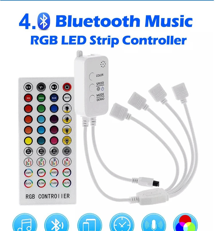 Description Picture 2 of itemMusic Bluetooth RGB Colorful LED Dimmer 1-4 Output Controller Timing Mode with 40 Keys IR Remote Control for 5050 2835 LED Strip