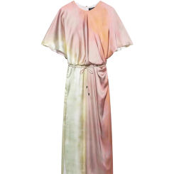TRAF Women's Fashion Elegant Tie-Dye Printed Dress Loose Round Neck Short Sleeve Back Hollow Belt Decoration Slim Fit Dress