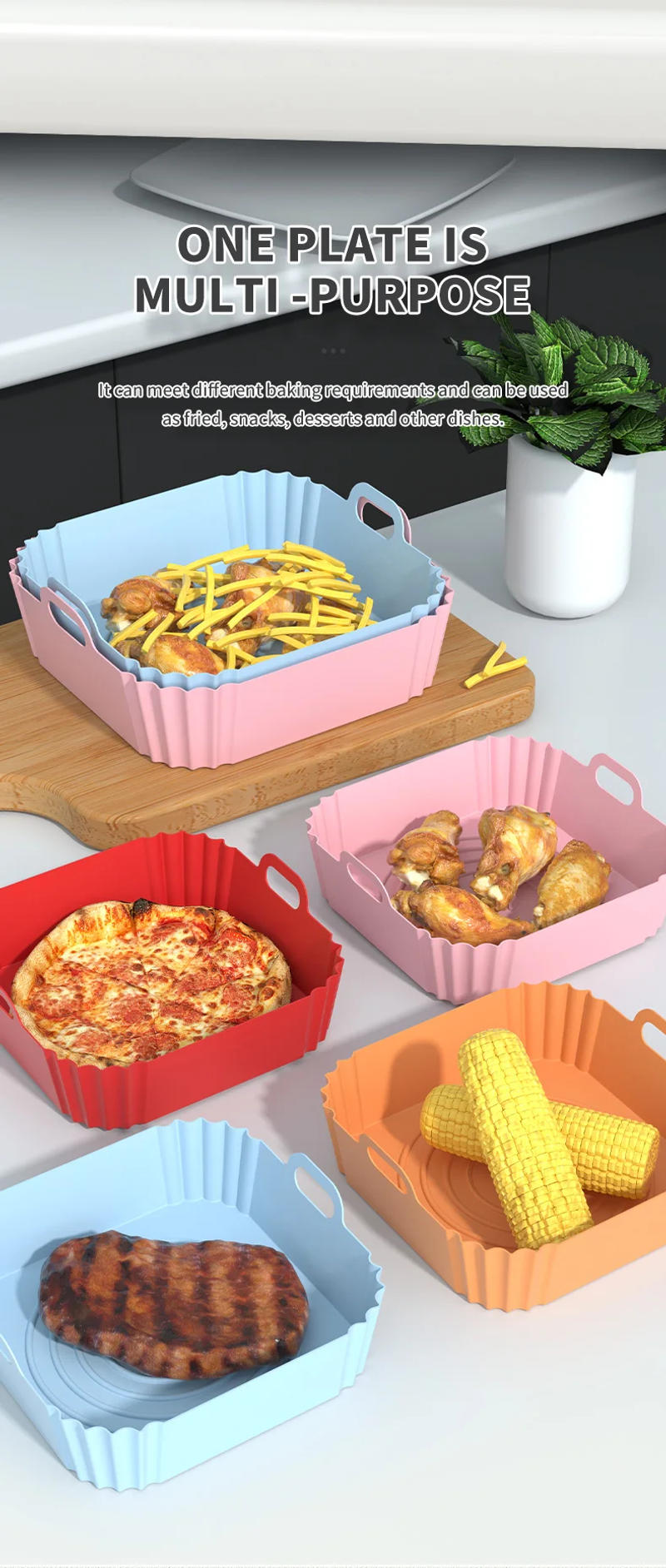 Description Picture 6 of item1Pcs Air Fryer Silicone Basket Silicone Mold Airfryer Oven Baking Tray Pizza Fried Chicken Basket Reusable Pan Liner Accessories