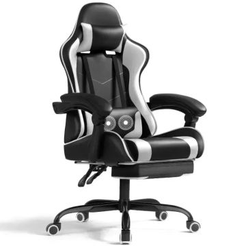 PU Leather Gaming Chair with Footrest & Lumbar Support,White Massage Lumbar Support Extendable Footrest