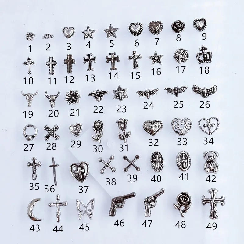 Description Picture 2 of item10Pcs/Lot Korea Metal Alloy Nail Art Parts Vintage Cross Flower Heart Gun Moon Bear Bull Bat 3D DIY Accessories Stickers Charms