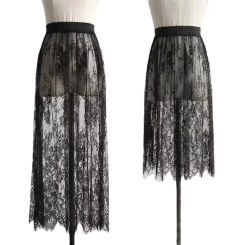 Women Sexy Mesh Lace Transparent Long Tulle Skirt Korean Fashion Summer Ladies Elastic High Waist Black White Beach Midi Skirtt