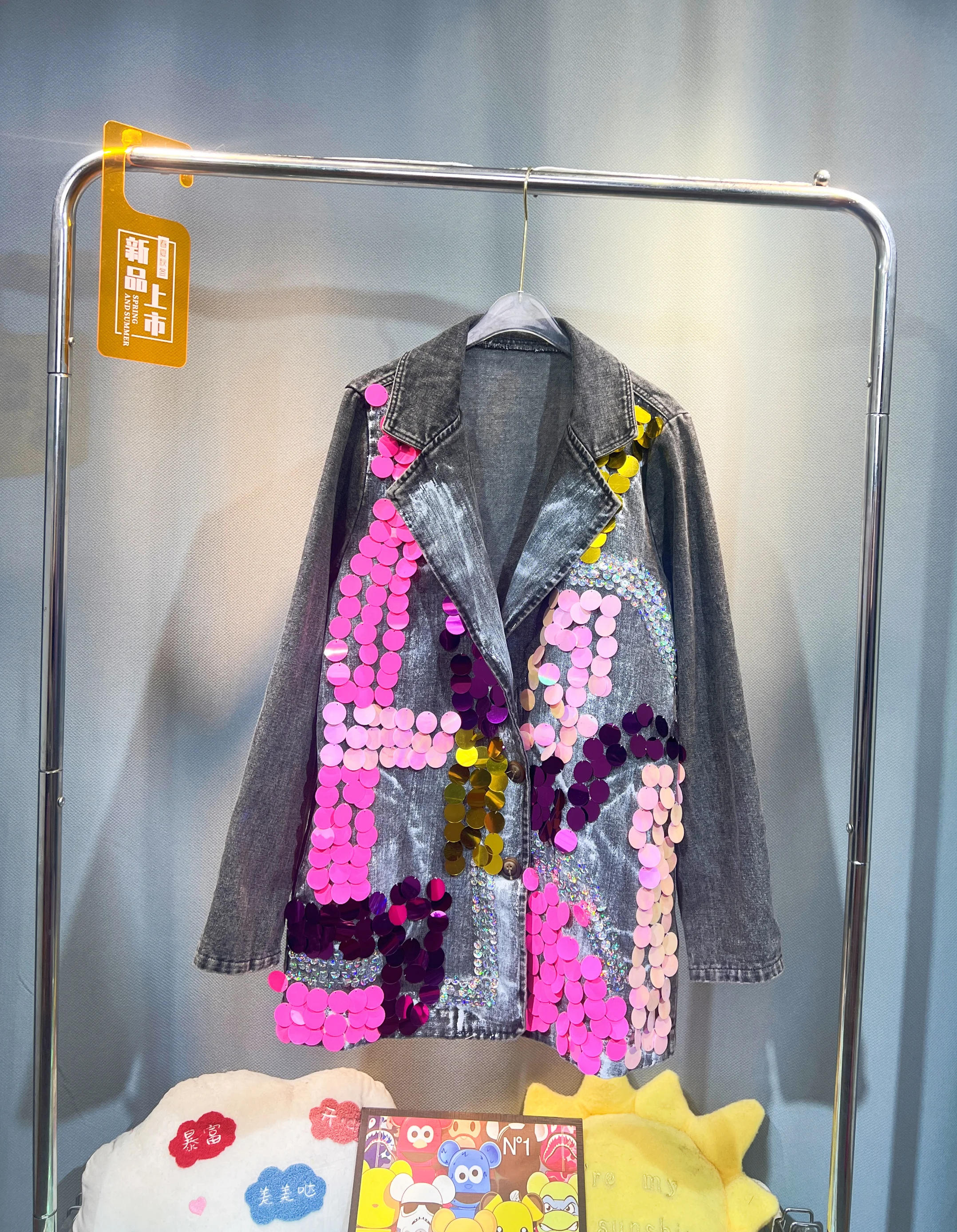 Description Picture 6 of itemHand Painted Heavy Sequined Denim Suit Coat Spring Mid Length Blazers Jacket Turn Down Collar Jeans Cardigan Loose Cowboy Tops