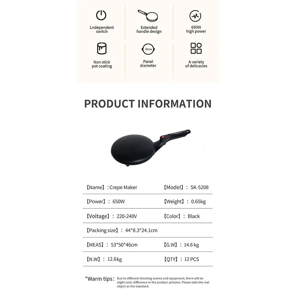 Description Picture 5 of itemElectric Pancake Maker, Temperature Control, Non-stick Layer, Cool Touch Handle, Instant Heating Spring Roll Pastry Frying Pan