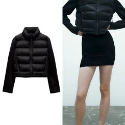 ZBZA Women's Splicing Short Padded Jacket Coat Autumn Winter New Stand Collar Long Sleeve Zipper Closure Thickened Warm Jacket