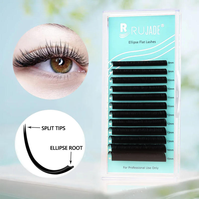 Description Picture 2 of itemIndividual Ellipse Flat Silk Eyelash Extensions Matte Ultra Black Soft Split Tips Ellipse Lash Faux Mink Flat Lash Extensions