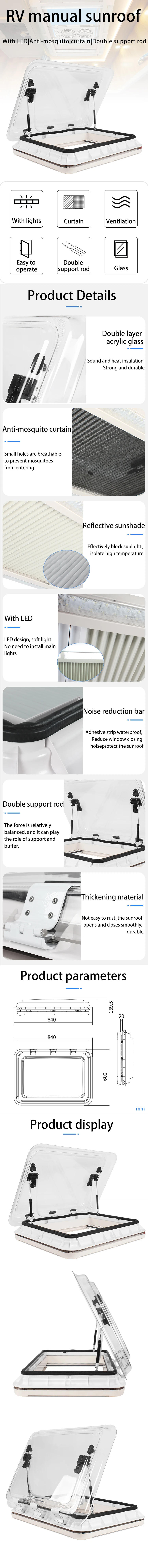 Description Picture 6 of item700 * 500 Camper Top Rv Car Roof Window  with Led Light Pleated Curtain and Flying Screen Acrylic Glass