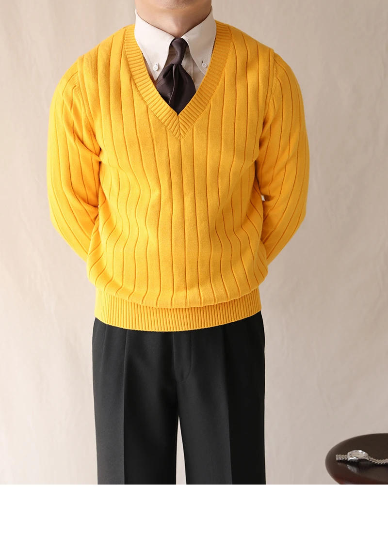 Description Picture 4 of itemWinter Thickened Warm Sweater For Men V-Neck Striped Knitwear Korean Fashion Long Sleeve Pullover Slim Fit Sweater Pull Homme