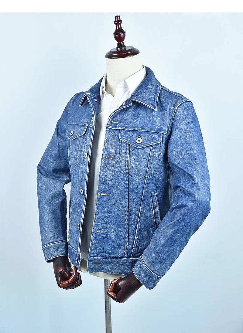 Description Picture 3 of item2024 Vintage Blue Genuine Leather Jacket Men Casual Style Single Breasted Plus Size 4XL Real Natural Cowhide Autumn Short Coat