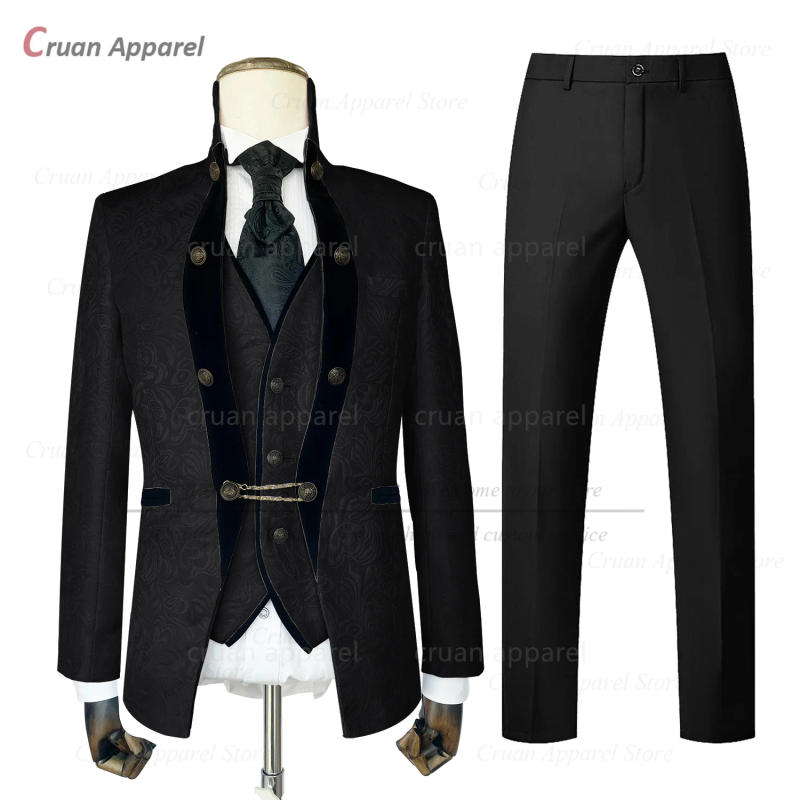 Description Picture 3 of itemLuxury Men Suit Sets Evening Dinner Fashion Stand Collar Blazer Vest Pants Three Pieces Banquet Tailor-made Slim Fit Costumes