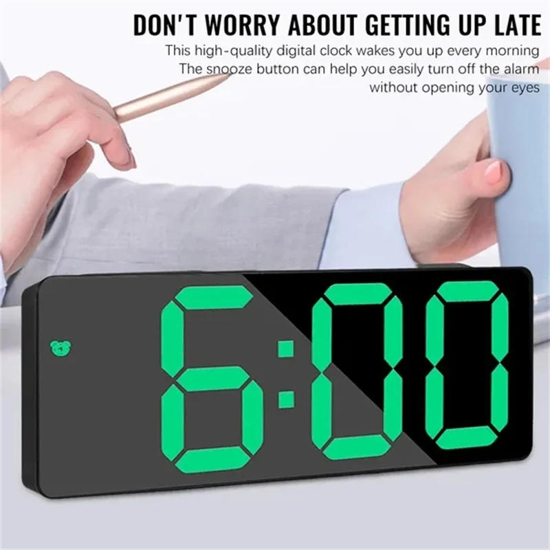 Description Picture 6 of itemLED Mirror Digital Alarm Clock Voice Control Table Clock Snooze Function 3 Brightness Adjustable 12/24H Electronic LED Clocks