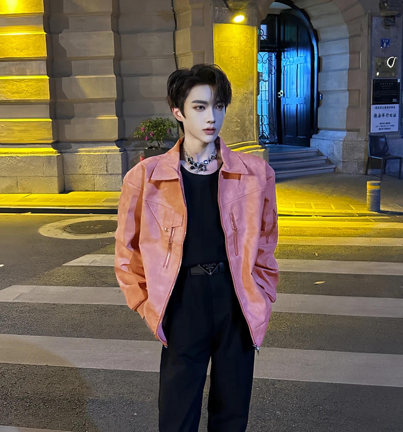 Description Picture 5 of itemFashion Men's Autumn Winter High-End Long Sleeve Solid Color Jacket Short Trendy Male Leather Jacket Handsome Motorcycle Clothes