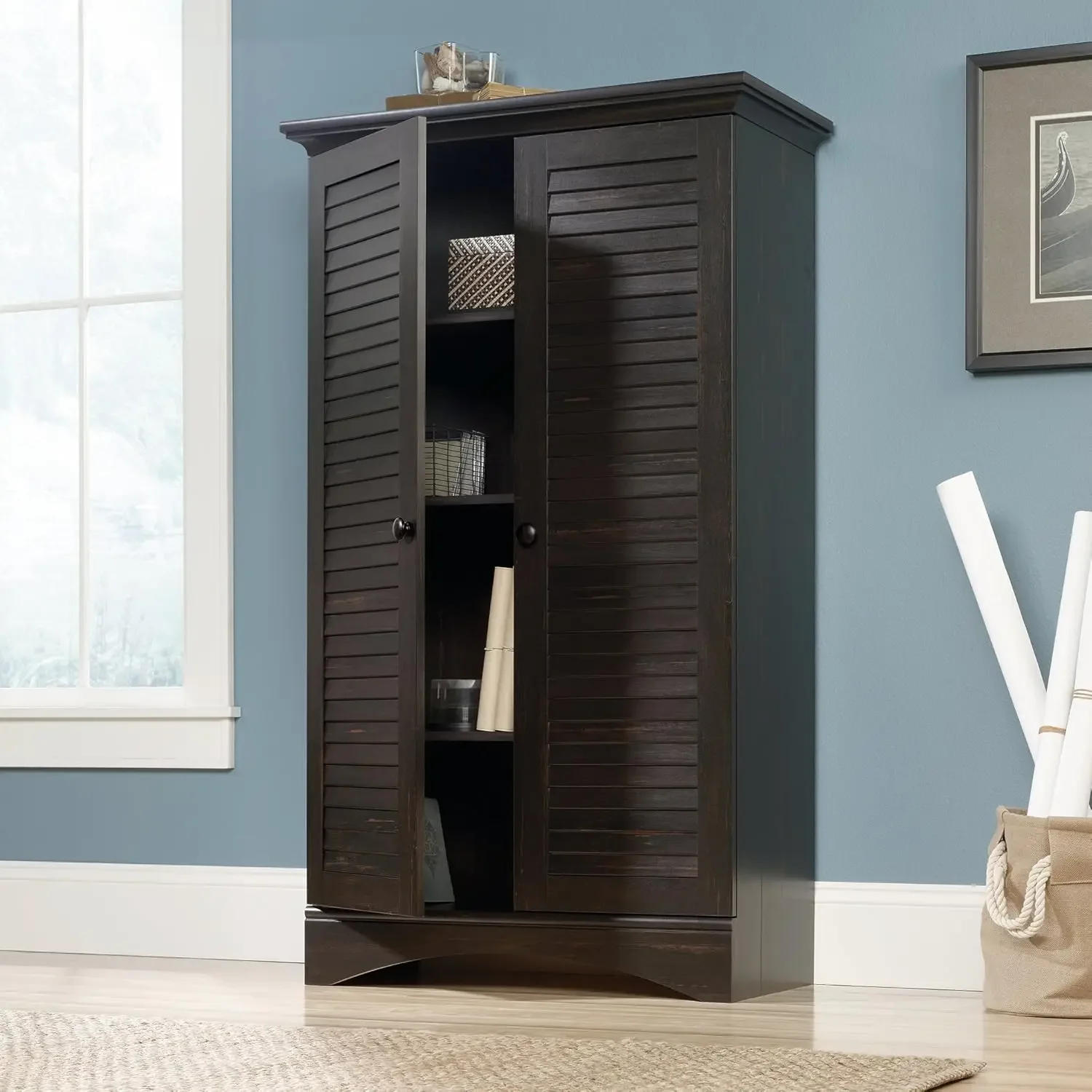 Description Picture 3 of itemView Storage Pantry Cabinet L35.43"xW16.73"xH: 61.02" Antiqued Paint finish Engineered wood construction