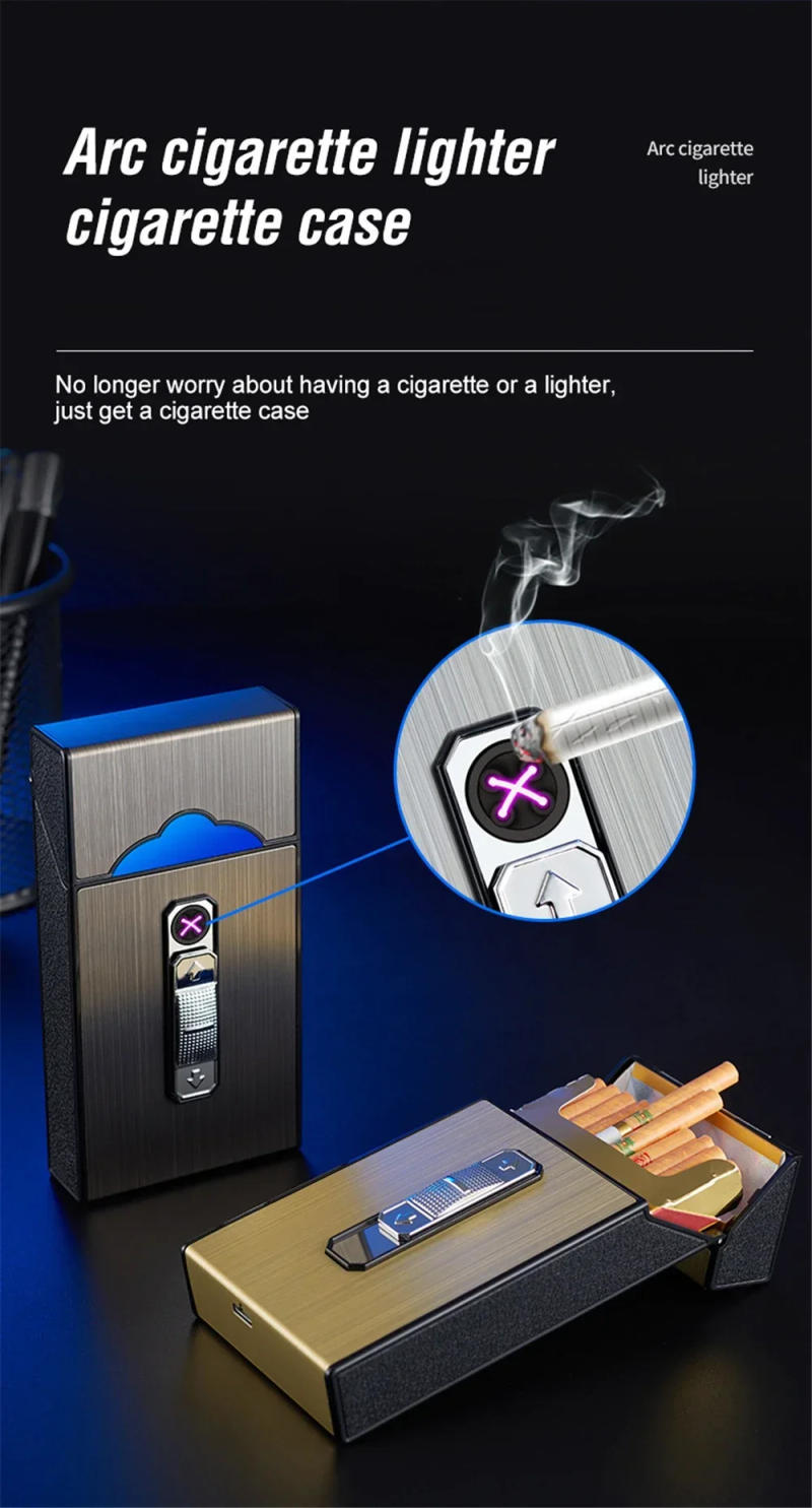 Description Picture 6 of item2024 New Unusual with USB Dual Arc Charging Lighter Cigarette Accessories 2 In 1 Waterproof Rechargeable Cigarette Case Holder