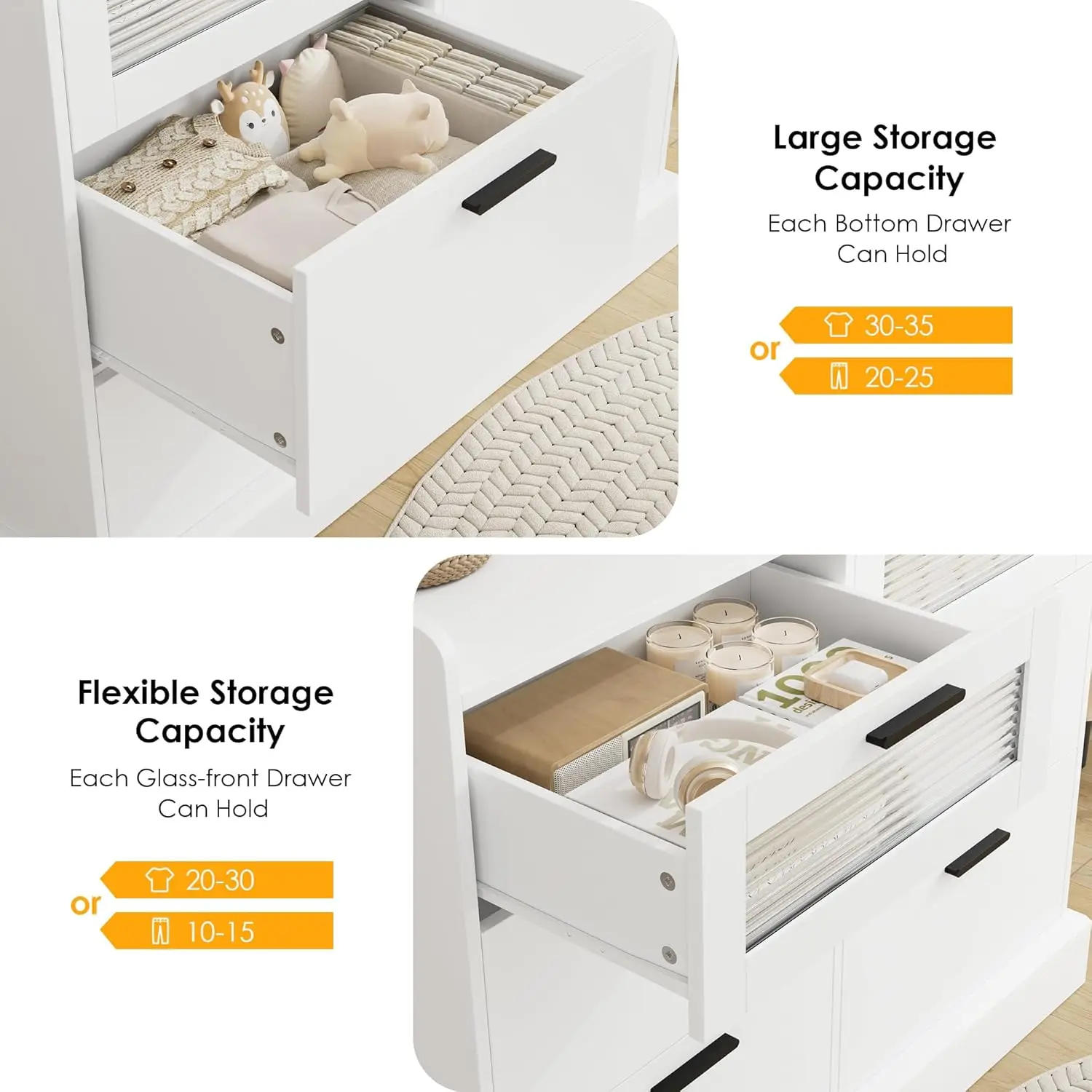 Description Picture 5 of itemModern 6 Drawer Dresser for Bedroom, Double Wide Chest of Drawers with Storage, Tall Dresser with Metal Handle & Fluted Glass