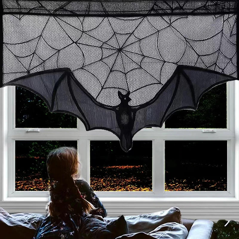Description Picture 3 of item1 Piece of Halloween Lace Curtains Black Bat Spider Tablecloth Fireplace Stand Scarf Set Halloween Family Room Spider Web Horror Decoration
