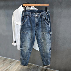 Loose Straight Slim Fit Men Jeans Water Washed Retro Hong Kong Style Versatile Trendy Harley Long Pants Casual Cotton Material