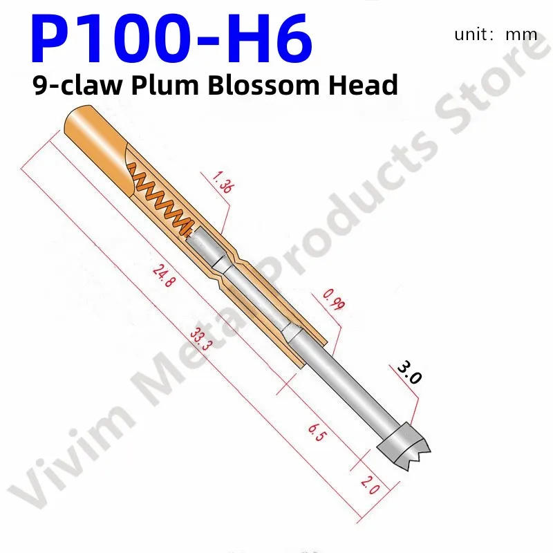 Description Picture 2 of item100PCS P100-H6 33.35mm 9-claw Plum Blossom Head Dia 3.0mm Needle Spring Test Probe P100-H Dia 1.36mm Circuit Board Test Tool