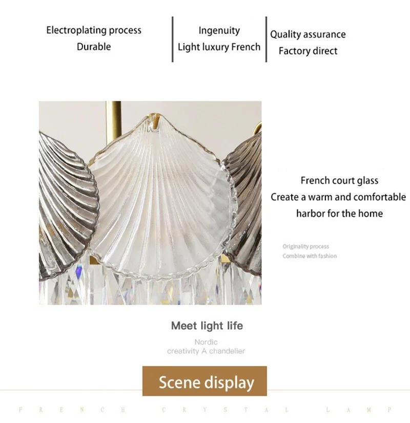 Description Picture 4 of itemShell Crystal French Modern Design Creative LED Ceiling Chandelier for Living Room Bedroom Restaurant Light Fixture Iron
